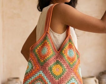 Crochet Granny Square Bag, Boho Shoulder Bag, Handmade Lined Tote