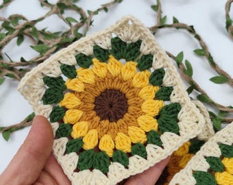 ハンドメイドコットンひまわりおばあちゃんスクエア、かぎ針編みアフガンモチーフ
