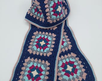 Handmade Crochet Granny Square Scarf, Patina Blue Boho Style