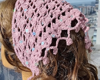 スパンコール付きかぎ針編みバンダナ、ボヘミアン風スパークルヘアスカーフ、手作りレースヘッドスカーフラップ