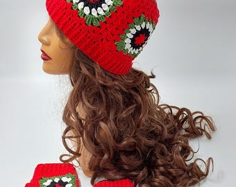 Handmade Crochet Granny Square Beanie and Fingerless Gloves Set | Cotton Bohemian Style