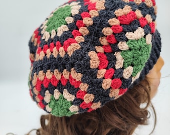 Crochet Granny Square Beret, Handmade Boho Cotton Slouchy Beanie