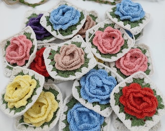 ハンドメイドかぎ針編みの3Dローズグランマスクエア、コットンフラワーモチーフ12個セット