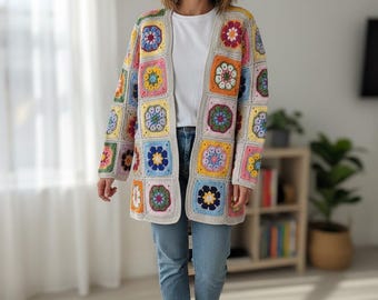 Handmade Cotton Granny Square Cardigan, Colorful Boho Long Sweater, Statement Piece (EU 38–42)
