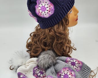 Handmade Crochet Granny Square Beanie – African Violet Floral Winter Hat