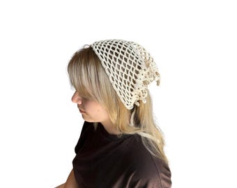 手作りかぎ針編みコットンバンダナ：ボヘミアンヒッピーヘッドスカーフ