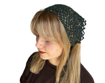 かぎ針編みのスパンコールバンダナ：手作りのボヘミアン風ヘッドスカーフ