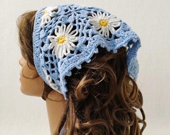 Crochet Daisy Bandana, Blue Flower Head Scarf, Boho Hair Wrap, Cottagecore Accessory