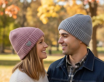 Handmade Knit Couple Beanie Set, Matching Winter Hats