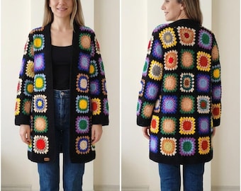 Handmade Granny Square Cotton Cardigan – Colorful Boho Patchwork Knit Jacket
