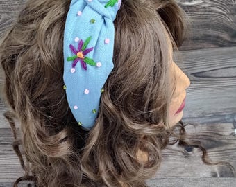 ハンドメイド刺繍花柄ヘッドバンド - カラフルなボヘミアンヘアアクセサリー
