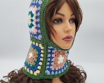 Handmade Crochet Granny Square Balaclava Hood, Boho Winter Bonnet