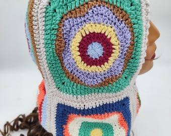 Handmade Crochet Granny Square Balaclava, Boho Hood Scarf