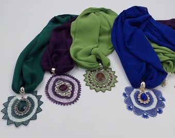 Turkish Oya Chiffon Scarf Necklace, Beaded Needle Lace Pendant