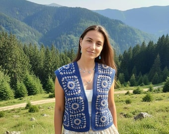 Handmade Patina Blue Cotton Knit Vest, Women’s Sleeveless Sweater, Lightweight Seasonal Crochet Vest