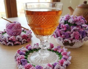 Virkat blomunderlägg med korg till mors dag, handgjord bomullsbohemisk heminredning