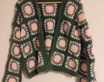 Handmade Crochet Granny Square Cardigan, Fuzzy Wool Blend, Open Front