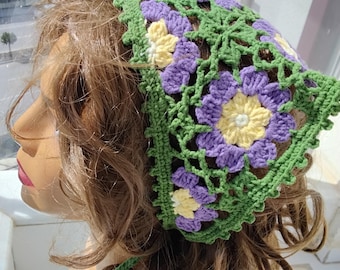Crochet Floral Bandana, Purple Yellow Granny Square Head Scarf, Boho Hair Wrap