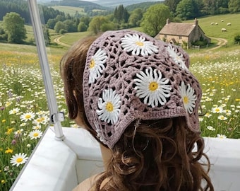 Crochet Daisy Bandana, Handmade Floral Head Scarf, Boho Granny Square Hair Wrap