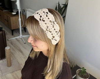 手作りかぎ針編みコットンバンダナ：ボヘミアンヒッピーヘッドスカーフ