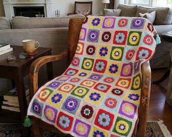 Colorful Granny Square Crochet Blanket – Handmade Cotton Boho Nursery Throw Afghan
