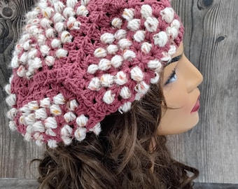 Retro Boho Burgundy Crochet Beret – Soft Bubble Texture Winter Paris Hat