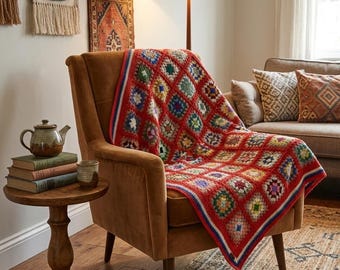 Handmade 100% Cotton Granny Square Blanket, Red Boho Throw, Colorful Afghan Bedspread