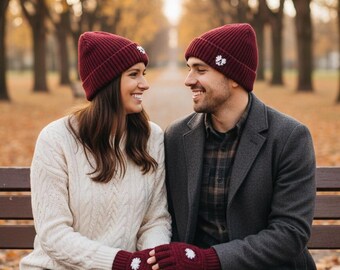 Personalized Knit Beanie and Fingerless Gloves Set, Valentine's Day Gift