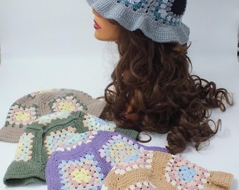 Crochet Granny Square Bucket Hat, Boho Summer Sun Hat, Handmade Cotton Festival Hat, Retro Style Flower Patchwork Hat, Colorful Crochet Head