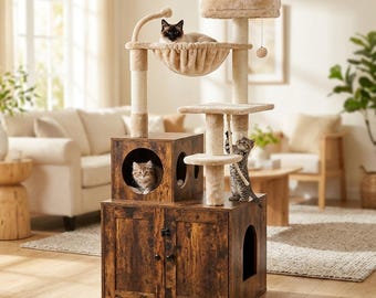 Meuble pour arbre à chat avec bac à litière · Armoire 2 en 1 pour chat · Nichoir de ferme moderne pour chat