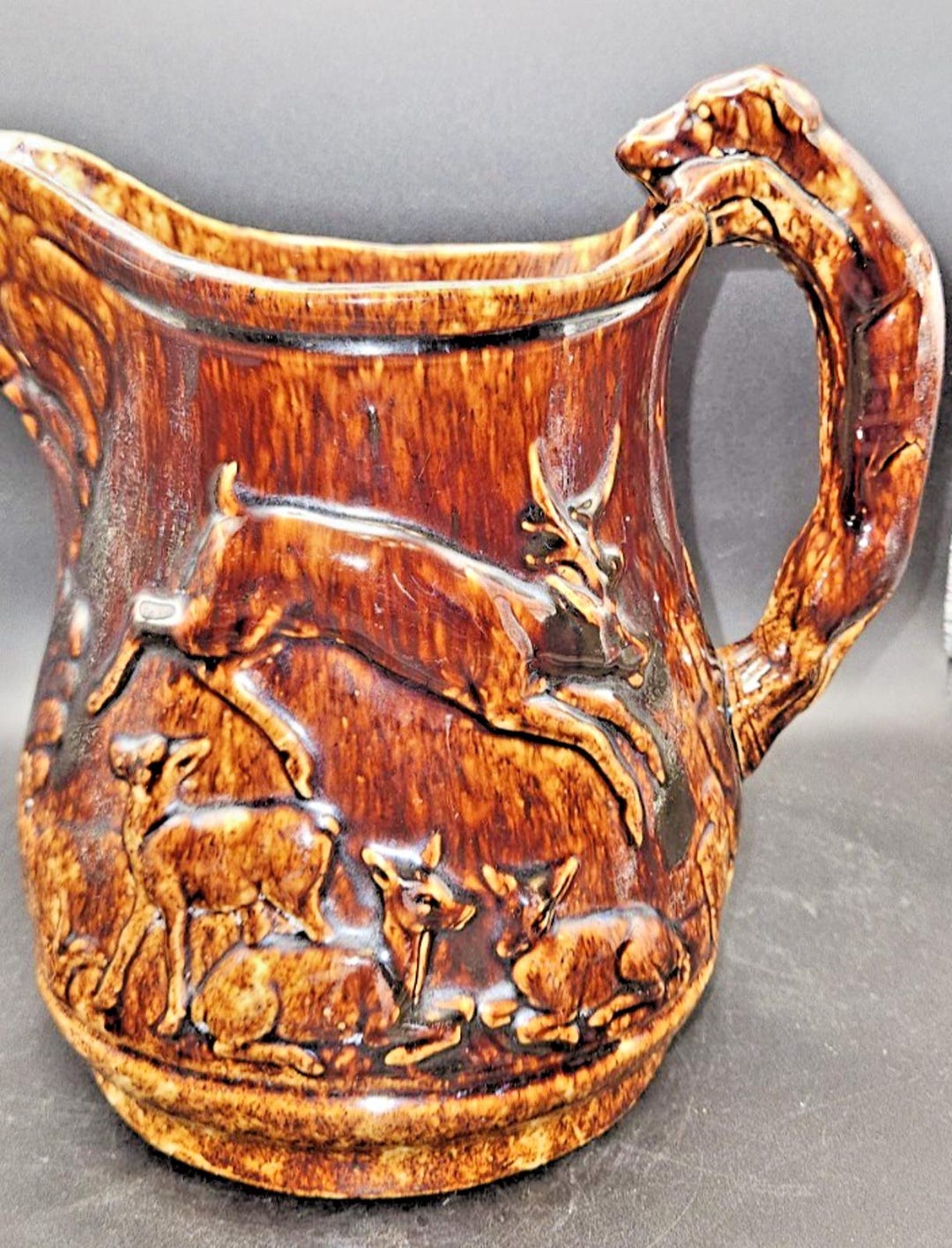 Yellow Ware Rockingham Dogs Rare Antique Bennington Rockingham Dog Handle Hunt Scene Pitcher Yellow ...