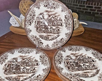 8 Royal Stafford Luncheon Plates "Coaching Scene" in Brown Transferware