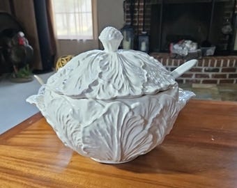 Vintage Whittier Pottery Large White Cabbage Soup Tureen W Lid and Laddle