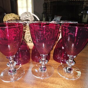 Set Of 6 Vtg Morgantown Radiant Ruby Red Wine Glasses Clear Stem