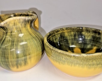 Ineke Pottery Victoria BC Sugar & Creamer Mustard Yellow Blue Green Drip Glaze