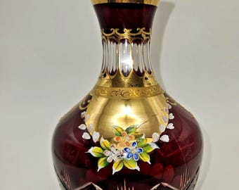 Czech Bohemian Ruby Red Cut To Clear Glass Gold Gilt Hand Painted FlowersVase