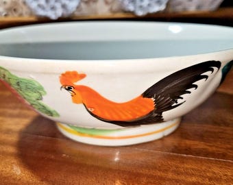 Vintage Chinese Hand Painted Porcelain "Gongji Wan" Rooster Bowl 7.75”