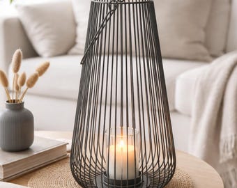 STOCCOLMA | Lanterna in metallo | Lanterna rotonda | Lanterna da giardino | Filo metallico | Portacandele in vetro | Grigio chiaro | Grigio scuro | Lucido | Esterno | 43 cm