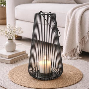 STOCCOLMA | Lanterna in metallo | Lanterna rotonda | Lanterna da giardino | Filo metallico | Portacandele in vetro | Grigio chiaro | Grigio scuro | Lucido | Per esterni | 43 cm