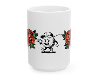Cartoon Golfer Mug, Vintage Tattoo Roses Coffee Cup, 15oz Ceramic Drinkware