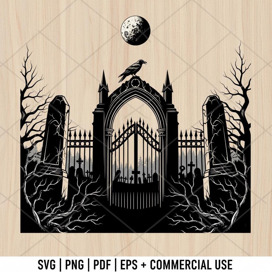 Haunted Graveyard SVG, Halloween Cemetery Scene, Silhouette Vector ...