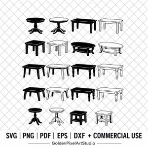 Pode incluir: Uma coleção de vinte ilustrações de linhas em preto e branco de várias mesas, incluindo designs redondos, quadrados e retangulares com diferentes estilos de pernas. O texto na parte inferior diz SVG | PNG | PDF | EPS | DXF + COMMERCIAL USE GoldenPixelArtStudio.