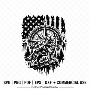 May include: Black and white illustration of a howling wolf, a compass, and mountains, set against a distressed American flag background. The design includes the text "SVG | PNG | PDF | EPS | DXF + COMMERCIAL USE" and "GoldenPixelArtStudio".