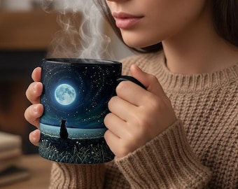 Starry Night Black Cat Mug, Celestial Fairy Art Coffee Cup