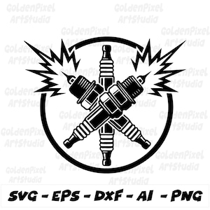 Puede incluir: Gráfico en blanco y negro de tres bujías, dos cruzadas y una vertical, dentro de un círculo negro. Rayos emanan de las bujías cruzadas. El texto "SVG - EPS - DXF - AI - PNG" está debajo.