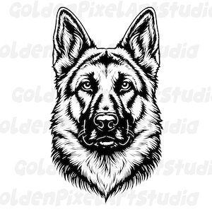 Puede incluir: Ilustración detallada en blanco y negro de la cabeza de un pastor alemán. El pelaje del perro está meticulosamente representado, con énfasis en los ojos, la nariz y las orejas. La imagen tiene un alto contraste, resaltando los rasgos del perro.