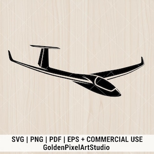 Puede incluir: Silueta negra de un planeador con un cuerpo y alas largas y delgadas. La imagen incluye el texto "SVG | PNG | PDF | EPS + COMMERCIAL USE GoldenPixelArtStudio".