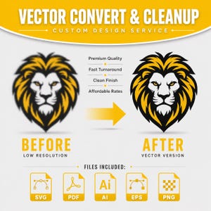 Puede incluir: Imagen que muestra un servicio de conversión vectorial. El texto dice "VECTOR CONVERT & CLEANUP" y "CUSTOM DESIGN SERVICE". Presenta un gráfico de león antes y después de la vectorización, junto con iconos de tipos de archivo SVG, PDF, AI, EPS y PNG.