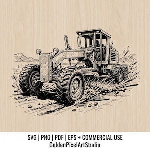 May include: A black and white line drawing of a road grader, a heavy construction vehicle. The grader is shown in action, with dirt and debris being kicked up from its wheels. The image includes the text "SVG | PNG | PDF | EPS + COMMERCIAL USE GoldenPixelArtStudio."