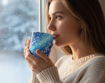 Taza de café con copos de nieve azules – Taza de cerámica de cristal de hielo invernal, 15 oz